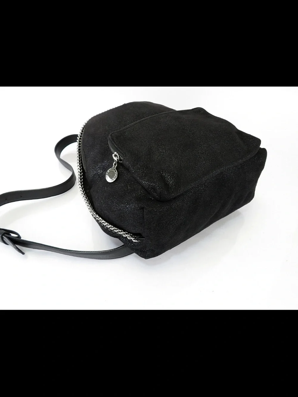 Stella McCartney Black Suede Backpack with Silver Chain Trim